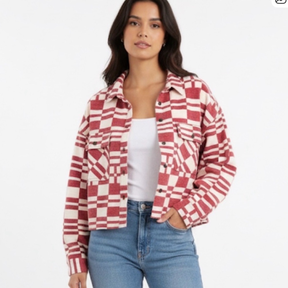 BDG Red and Cream Patterned Button-Up Shirt/Jacket Size L